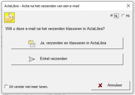 dialoogvenster Actie bij Verzenden