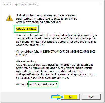 install ActaLibra vNext certificate